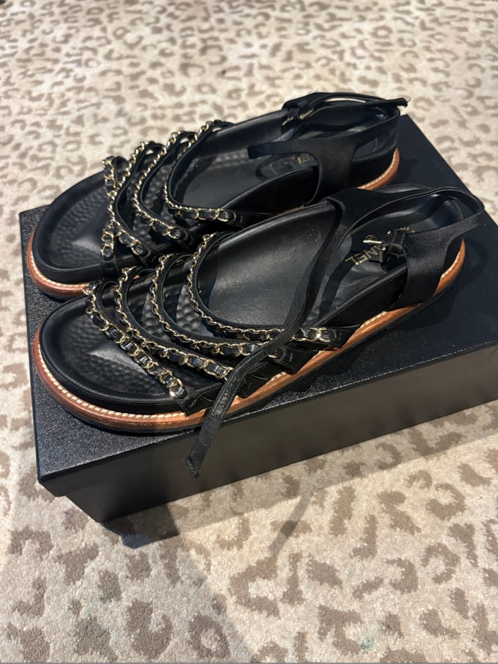 CHANEL Black Leather Sandals with Gold Chain Straps